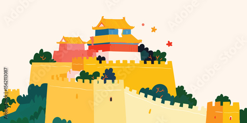 A vibrant illustration of The Great Wall against a backdrop of soft sky, evoking a sense of historical grandeur and architectural marvel.