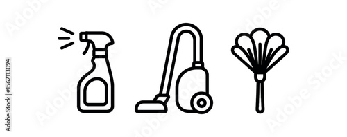 Cleaning icons: spray bottle, vacuum, duster vector icon isolated illustration