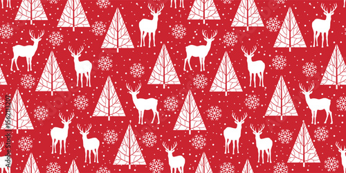 Christmas vector seamless pattern with deer and Christmas trees on red background. Holiday illustration for gift wrapping paper, fabric, clothes, textile, surface textures, scrapbook.
