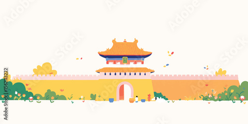 An illustration of traditional architecture of the ancient gate, with people gathering around. capturing the art style and rich culture.