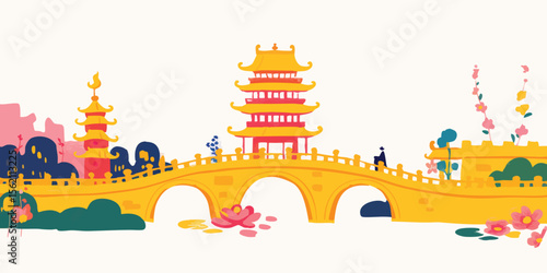 A stylized illustration showcases a vibrant panorama of ancient architectural wonders.&#x20;

