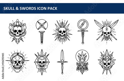 Black and white skull and sword line art illustrations. Symbolic designs with skull imagery and weaponry in various settings.