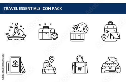 Travel essentials icons depicting various activities and items. Generic user on a jet ski in water.