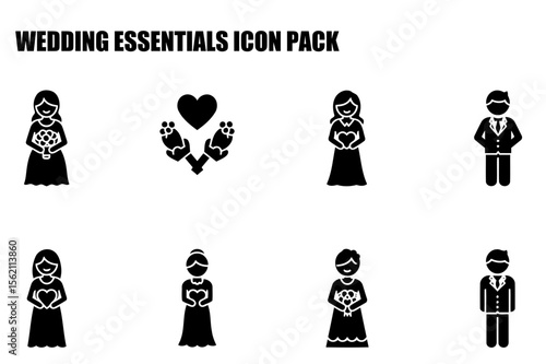 Wedding party icons in various poses and attire. Simplified figures of a bride, groom, and bridesmaids/groomsmen holding bouquets or hearts in a classic wedding setting.