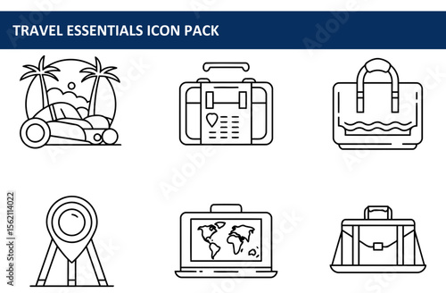 Travel essentials icon pack depicting various items for a traveler in a simplified, outline style. Set of travel icons showcasing different transportation, luggage, destination, and planning elements.