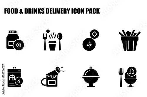 Food delivery icons in various stages, showing different food items and services. Simple, stylized icons for a food delivery app or website.