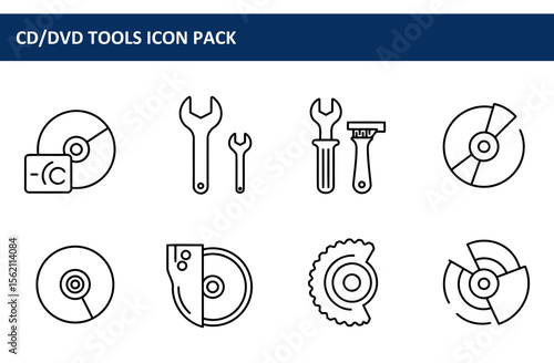 CD/DVD tools icon pack featuring various tools and icons for manipulating CDs and DVDs. Simple, black line icons are displayed.