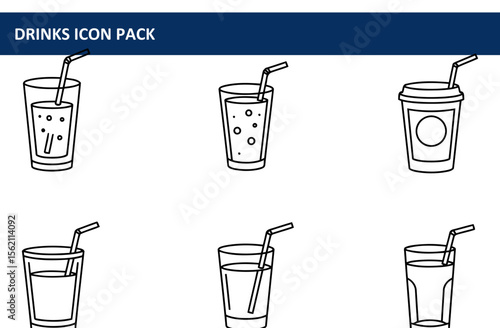 Drinks icon pack featuring various beverages in glass and paper cups. Simple, outlined illustrations of drinks with straws, perfect for a cafe or beverage company website.