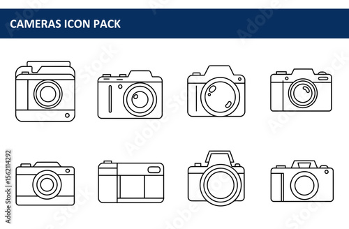 Camera icons in various styles and orientations. Simple, line art illustrations of cameras, showing different models and designs.