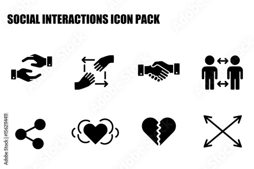 Social interactions icon pack depicting various interpersonal dynamics in a professional context.