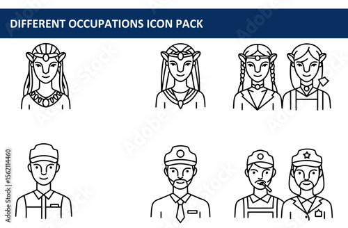 Line art icons depicting diverse adult professional roles in various costumes/settings. Front-facing portraits with neutral expressions and detailed clothing/accessories.