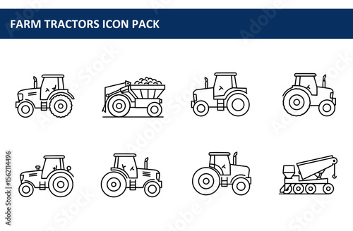 Farm tractor icons in various configurations displayed in a grid. Simple line art depictions of farm tractors with varying attachments, showing different models and uses.