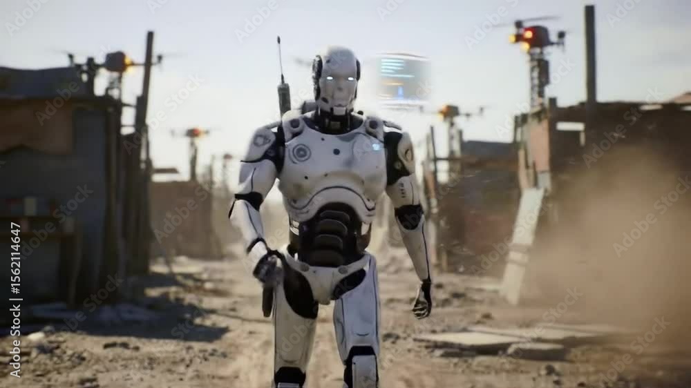 Futuristic android walks through a desolate wasteland on a sunny day. Futuristic android walks through a desolate wasteland on a sunny day.