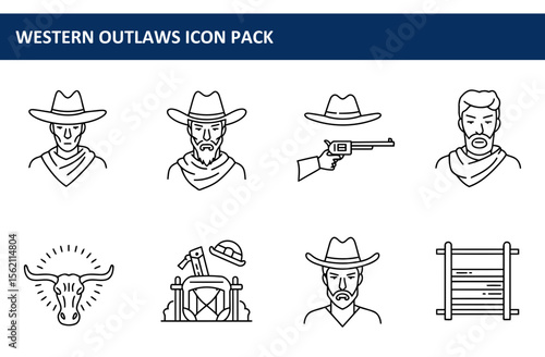 Western Outlaws Icon Pack showing various male figures in cowboy attire, holding or wearing items associated with the Wild West.
