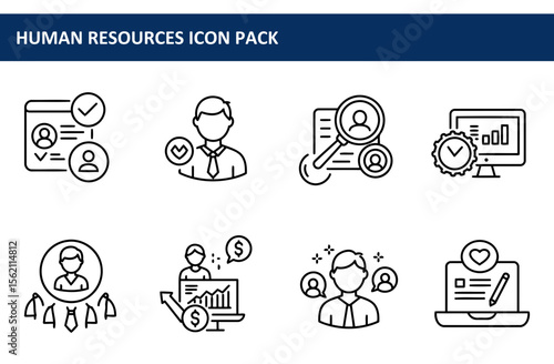 Human Resources Icon Set. Flat Line Illustrations of Business Personnel and Tasks
