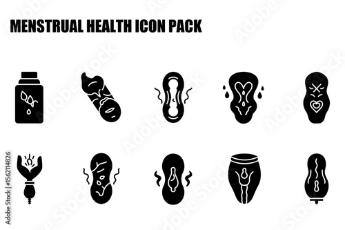 Menstrual health icons depicting various symptoms and products. Set of black and white icons showing common menstrual health issues, pain, and products in a simplified, graphic style.
