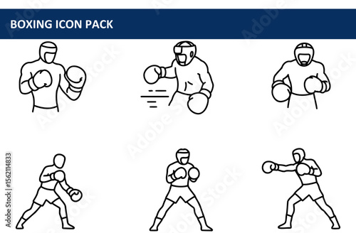Boxing icon set of male boxers in various action poses. Male boxers in boxing attire, performing punching stances and actions in an athletic gym/training setting.