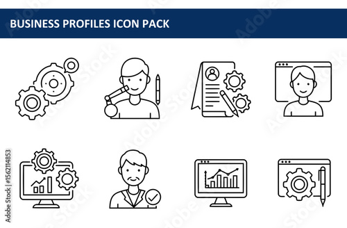 Business profiles icons in various settings. Diverse individuals in professional settings with tools and equipment.
