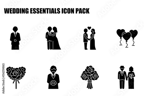 Wedding essentials icon pack showing various wedding elements. Silhouette figures of wedding attendees in formal wear posing in different wedding moments with wedding elements.