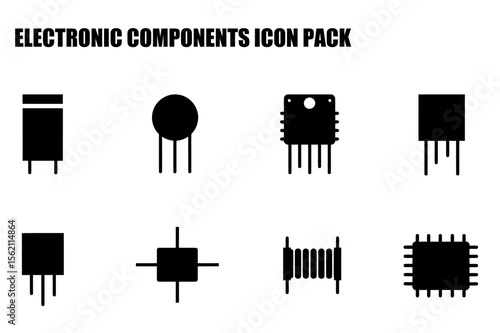 Electronic component icons in various shapes and forms. Simple black icons against a white background.