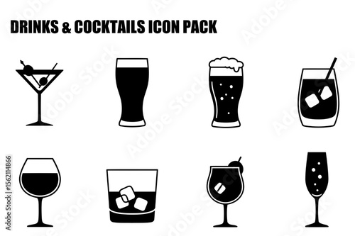 Drinks and cocktails icon set with various types of drinks in different glasses. Collection of beverage icons in a simple, black and white design.