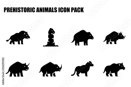 Prehistoric animal icons in silhouette with a white background. Simple black and white illustrations of various extinct animals in profile view.
