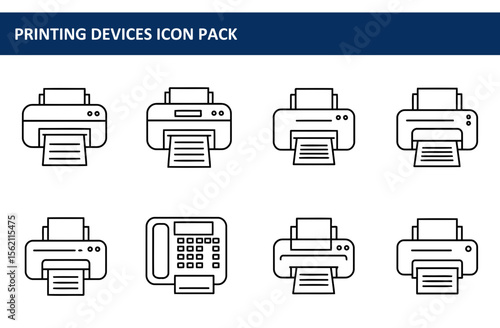 Printing devices icons with various models in a simple, clean, linear design. Outline images of printers and fax machines, showcasing functionality with printing paper.
