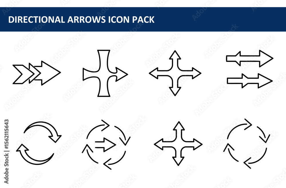 Fototapeta premium Directional arrows icons in various forms displayed on a white background. Collection of simple, black line directional arrows for design elements or website use.