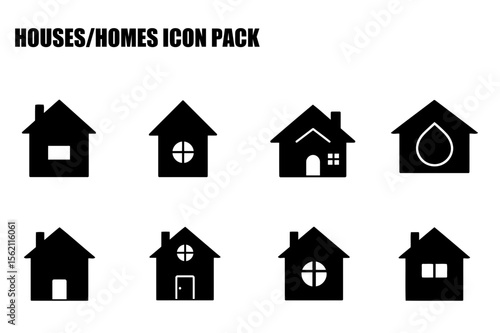 House icons in various styles, displaying different architectural elements. Simple, stylized representations of homes in a graphic design format.