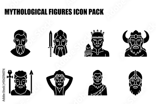 Mythological figures in various poses and headwear. Icons of diverse male figures from different cultures/mythologies with weapons/accessories in a white background.