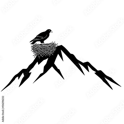 Silhouette of eagle in nest on top of mountain peak