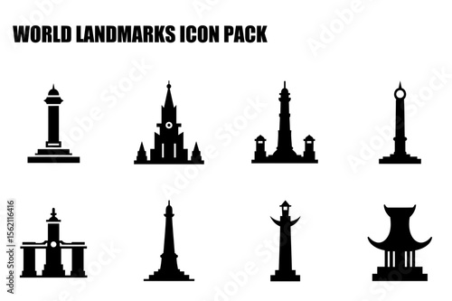 World landmarks silhouettes in black and white. Architectural designs of iconic monuments and structures.