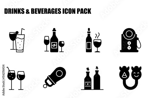 Drinks and beverages icon set for a general use. Simple, flat vector graphics showcasing various beverages.