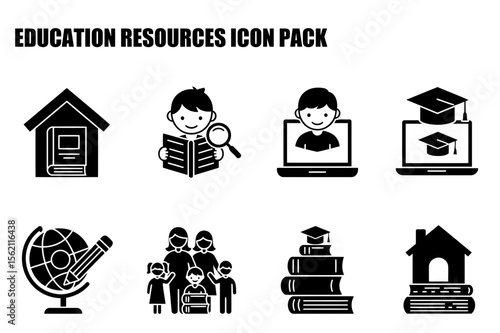 Educational resources icons depicting various learning settings and activities.