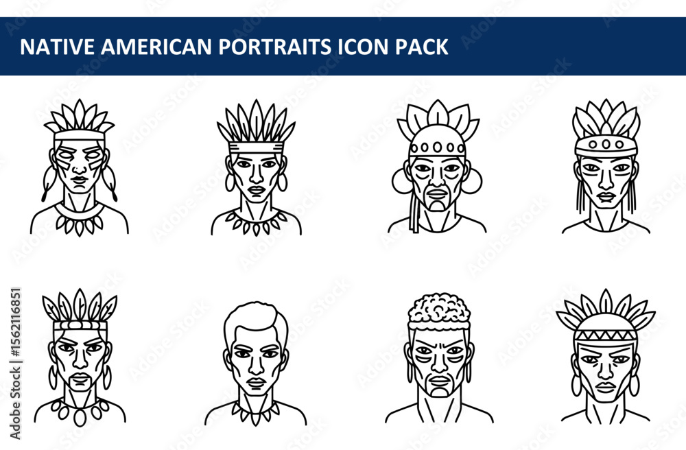 Fototapeta premium Native American male portraits in traditional headdresses and adornments. Portraits in a line art style with various facial expressions.