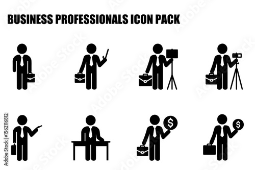 Business professionals in suits and ties displaying various actions in a workplace setting. Male professionals in office environments with different job functions and equipment.