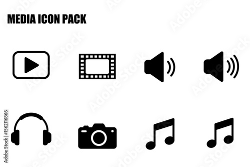 Flat black media icons on a white background. Simple graphic design elements for multimedia apps or websites.