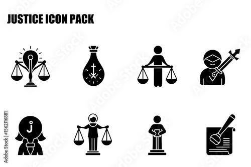 Justice icon pack featuring various symbols of legal and judicial themes. Abstract representations of scales of justice, bags of money, statues, and people holding or representing justice elements.