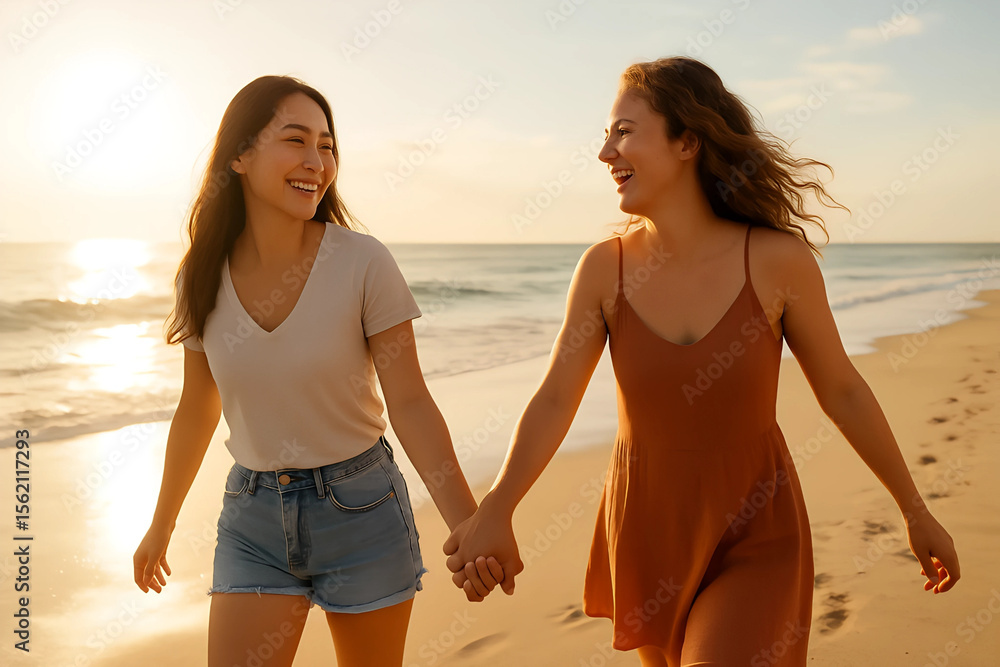 Fototapeta premium Zwei junge Frauen halten Händchen und lachen beim Spaziergang am Strand – sonniger Tag, echte Freundschaft und entspannte Sommerstimmung