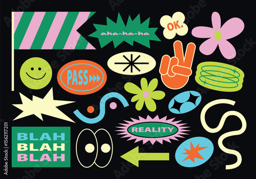 Funny collection of y2k patches, labels, tags, stamps. Stickers with short phrases in retro cartoon style. Groovy vector set, trendy promo labels in 90s hipster grunge funk style. Flat illustrations.