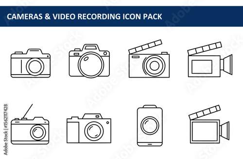Line art illustration of various cameras and video recording equipment. Simple, outline illustrations of cameras, camcorders, and mobile phone cameras in a studio setting.