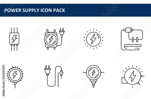 Power supply icon pack depicting various electrical components in a simple, line art style. Vector graphics of power supply units, plugs, and solar power icons displayed against a white background.