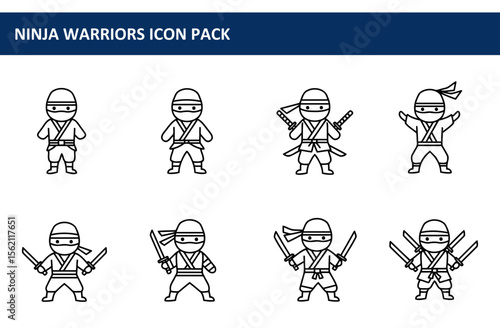 Ninja warrior icons in various poses holding swords. Cute cartoon characters in traditional ninja attire on a plain white background.
