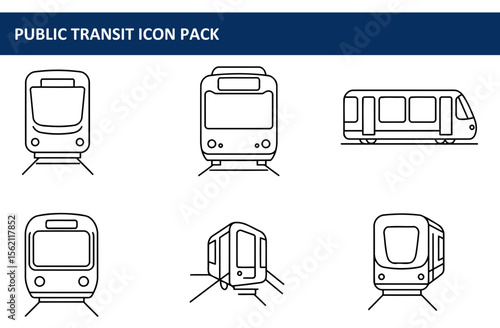 Public transit icons in a variety of perspectives with no people. Simple line art icons of light rail vehicles, showcasing different angles, for a public transit icon pack.
