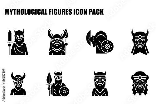 Mythological figures icons in various poses and attire. Male figures with different armor and weapons in a flat design for mythological study or game.