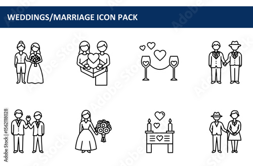 Wedding iconography depicting diverse couples in various wedding-related poses and settings.