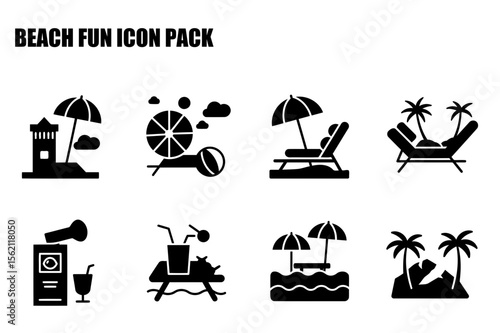 Beach fun icon pack showing various beach activities and settings. Relaxing on beach loungers with umbrella and tropical scenery.