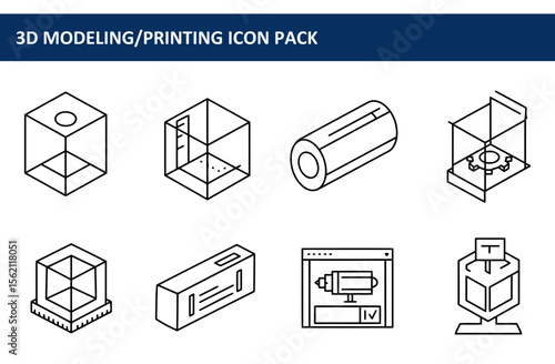 3D Modeling/Printing icons in a graphic design layout showing different stages of design. Line art representation of various 3D modeling and printing elements, presented as distinct isometric designs.