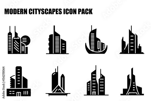 Modern cityscapes icon pack showcasing various architectural designs. Silhouettes of high-rise buildings in a stylized format.