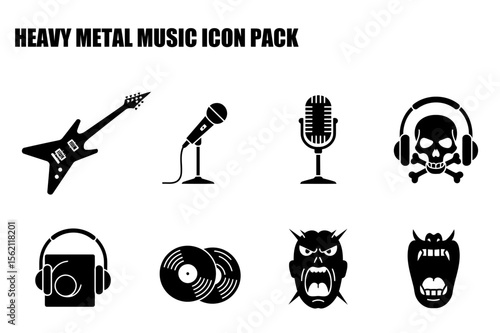 Heavy metal music icon pack showcasing various instruments and symbols. Collection of black and white music icons for use in a graphic design context.